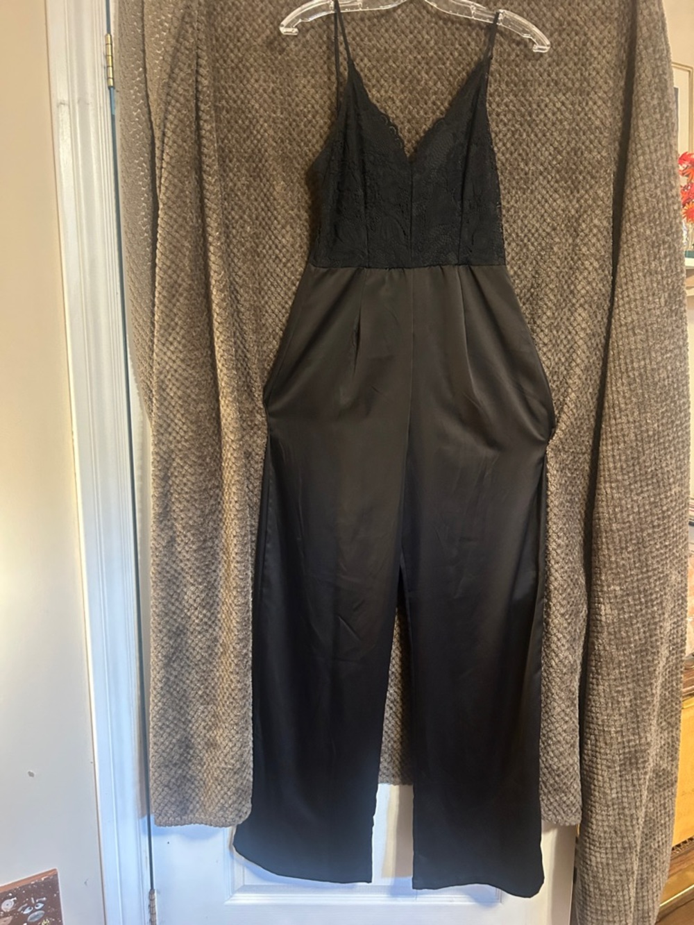 Black Lace-Trim Satin Jumpsuit